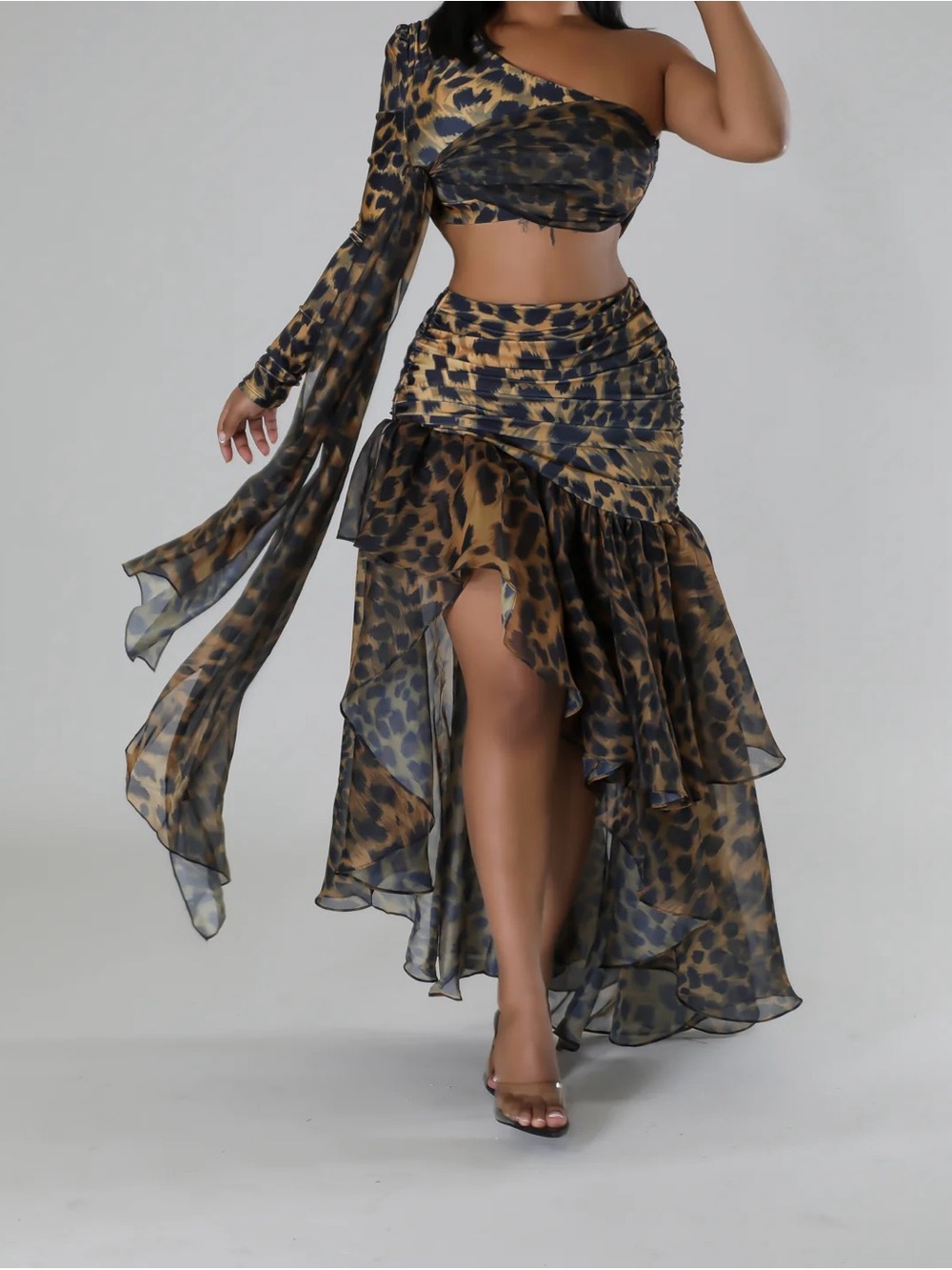 Leopard Print High-Low Ruffle Skirt - Brown